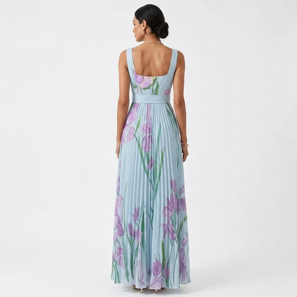 Women’s Floral Chiffon Pleated Maxi Dress – Elegant Flow