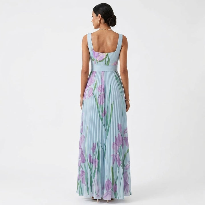 Women’s Floral Chiffon Pleated Maxi Dress – Elegant Flow