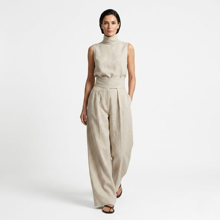 Women’s Minimalist Linen Sleeveless Blouse and Wide-Leg Set