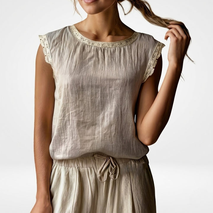 Vintage Linen Sleeveless Top with Delicate Lace