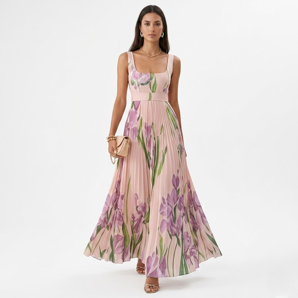 Women’s Floral Chiffon Pleated Maxi Dress – Elegant Flow