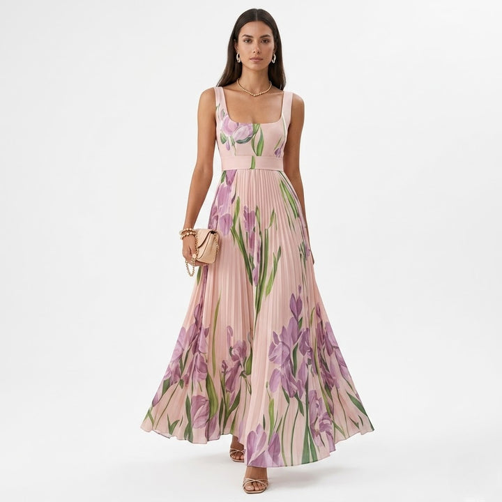 Women’s Floral Chiffon Pleated Maxi Dress – Elegant Flow