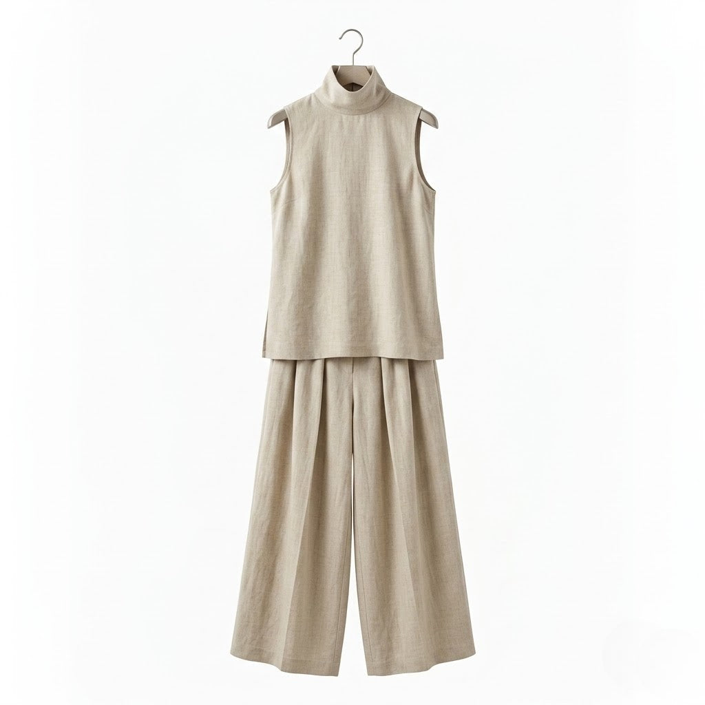 Women’s Minimalist Linen Sleeveless Blouse and Wide-Leg Set