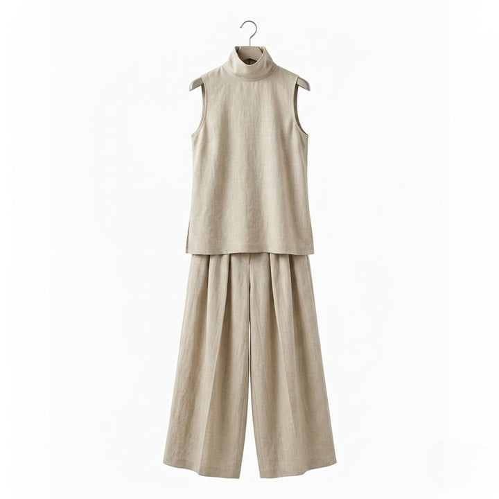Women’s Minimalist Linen Sleeveless Blouse and Wide-Leg Set
