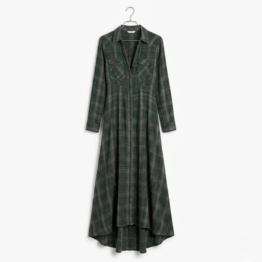 Women’s Plaid Lapel Maxi Shirt Dress