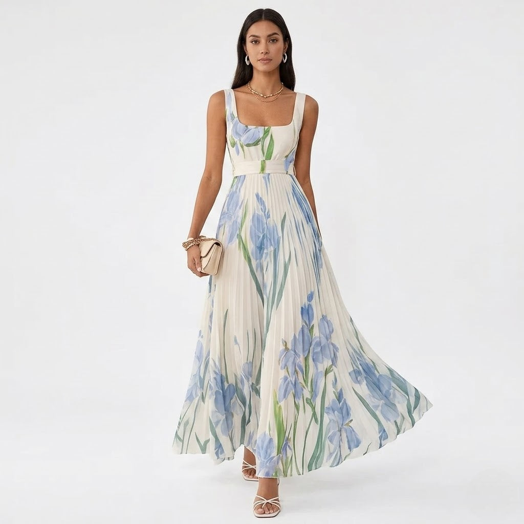 Women’s Floral Chiffon Pleated Maxi Dress – Elegant Flow