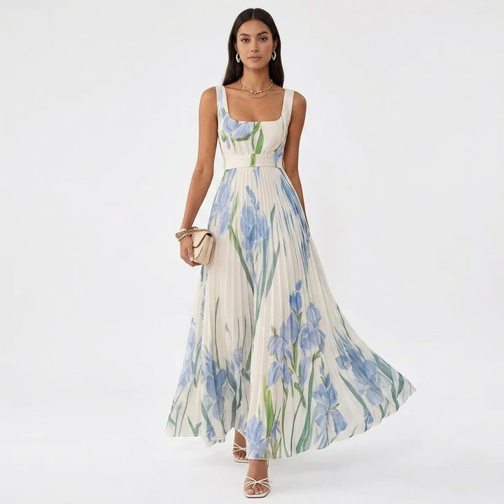 Women’s Floral Chiffon Pleated Maxi Dress – Elegant Flow