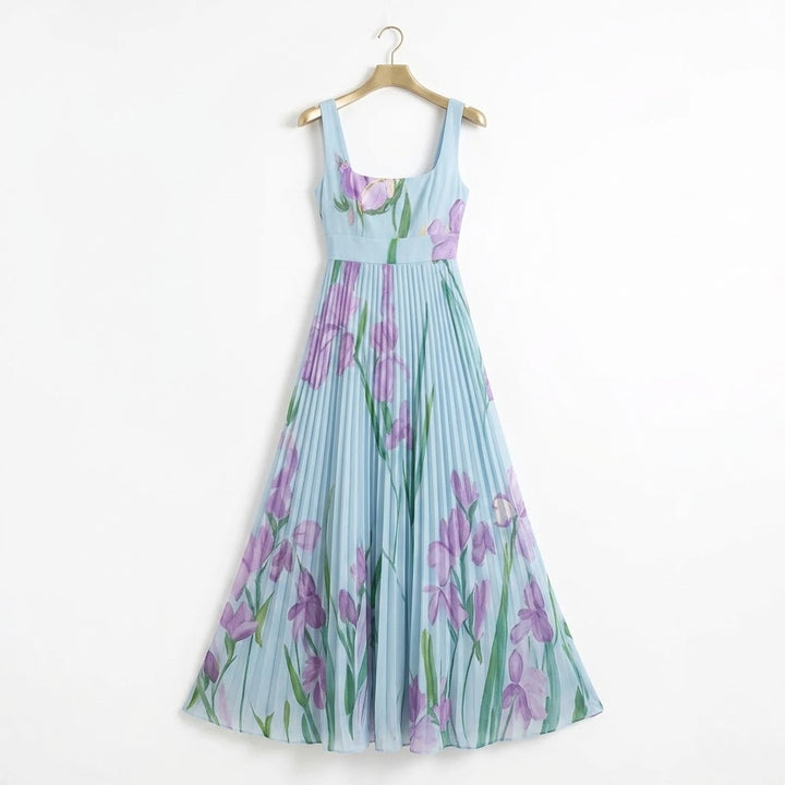 Women’s Floral Chiffon Pleated Maxi Dress – Elegant Flow