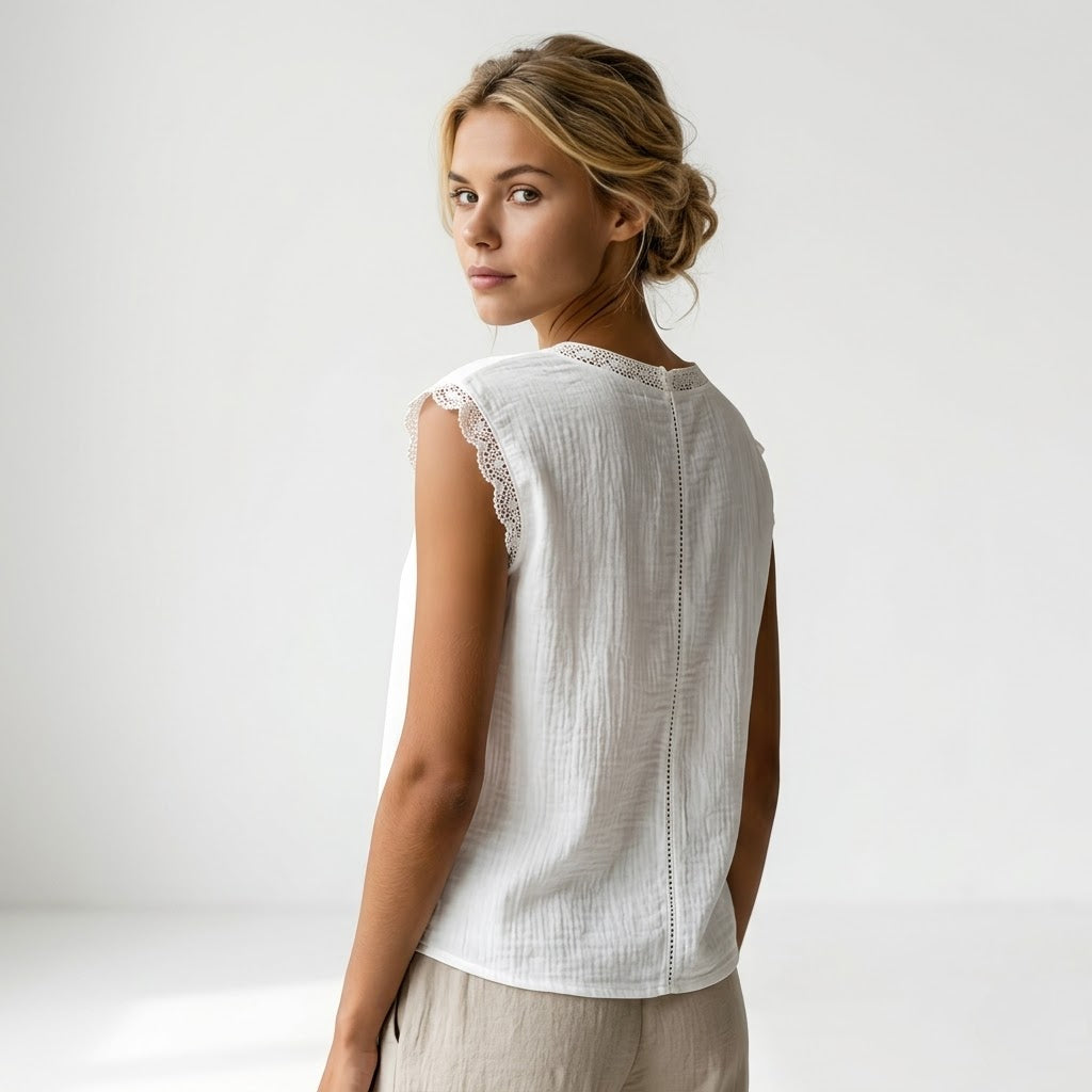 Vintage Linen Sleeveless Top with Delicate Lace