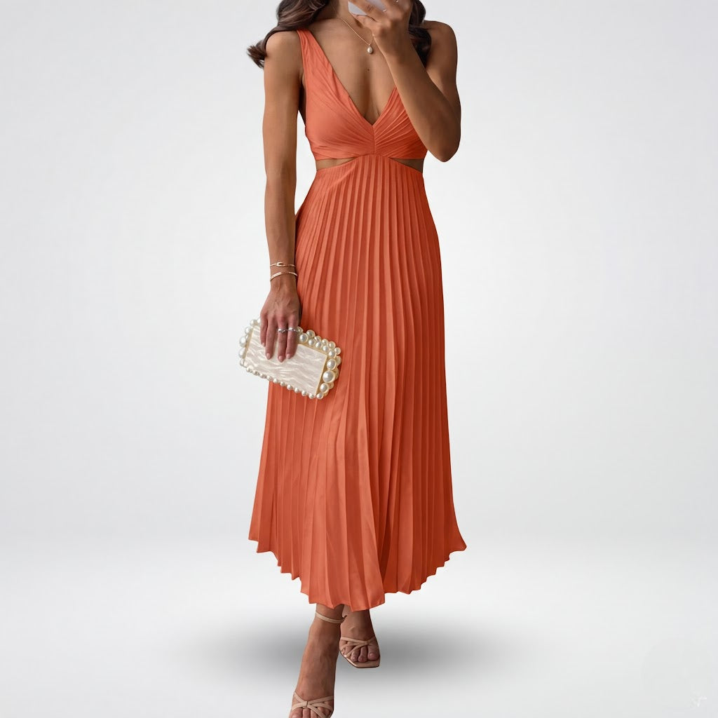 Women’s Flowy Pleated Midi Dress Elegant Evening Wear