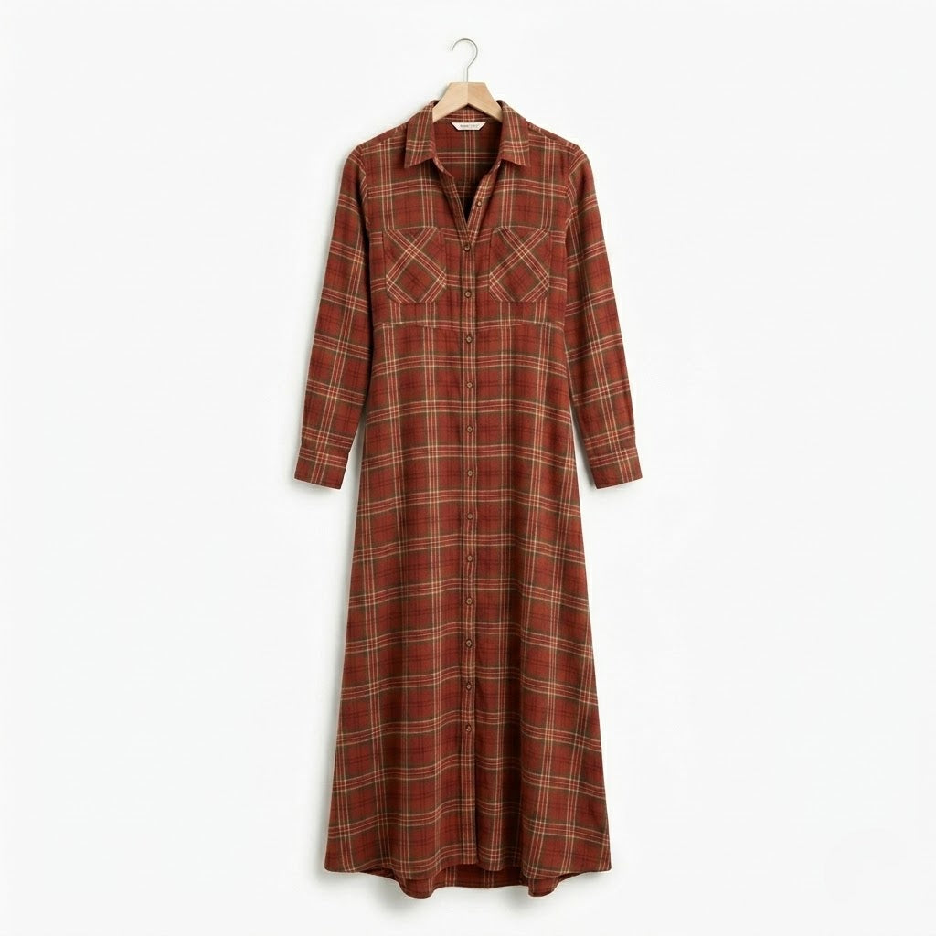 Women’s Plaid Lapel Maxi Shirt Dress