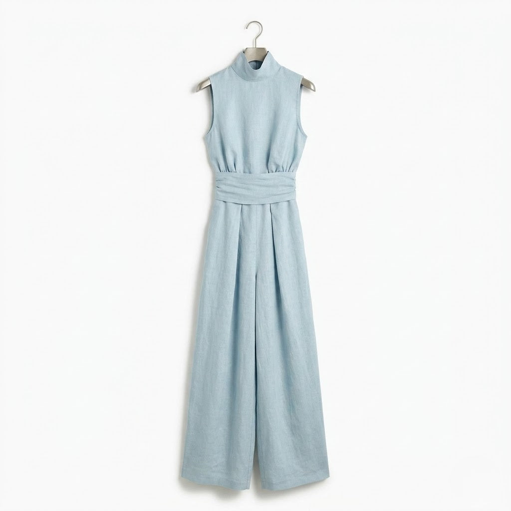 Women’s Minimalist Linen Sleeveless Blouse and Wide-Leg Set