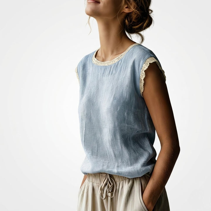 Vintage Linen Sleeveless Top with Delicate Lace