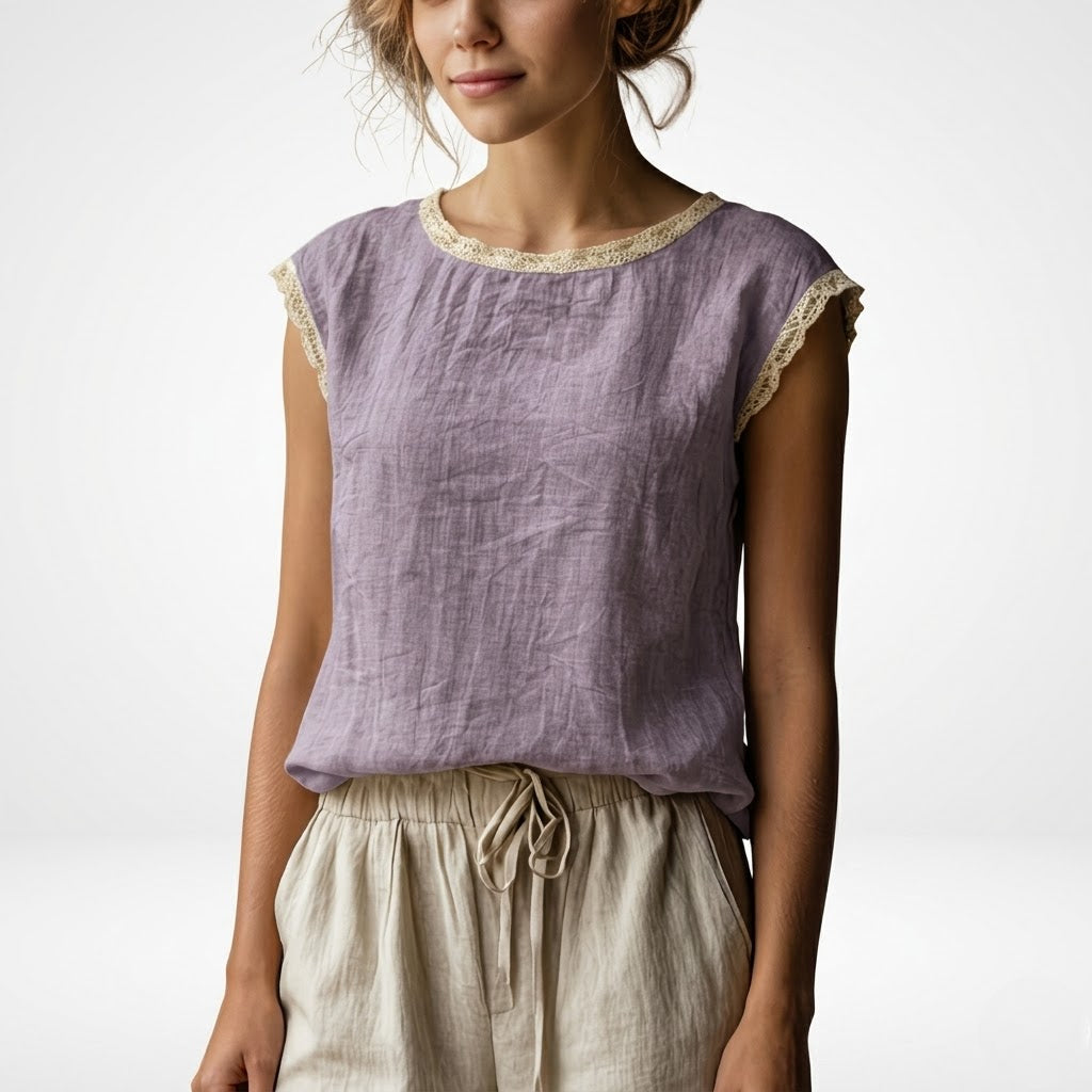 Vintage Linen Sleeveless Top with Delicate Lace