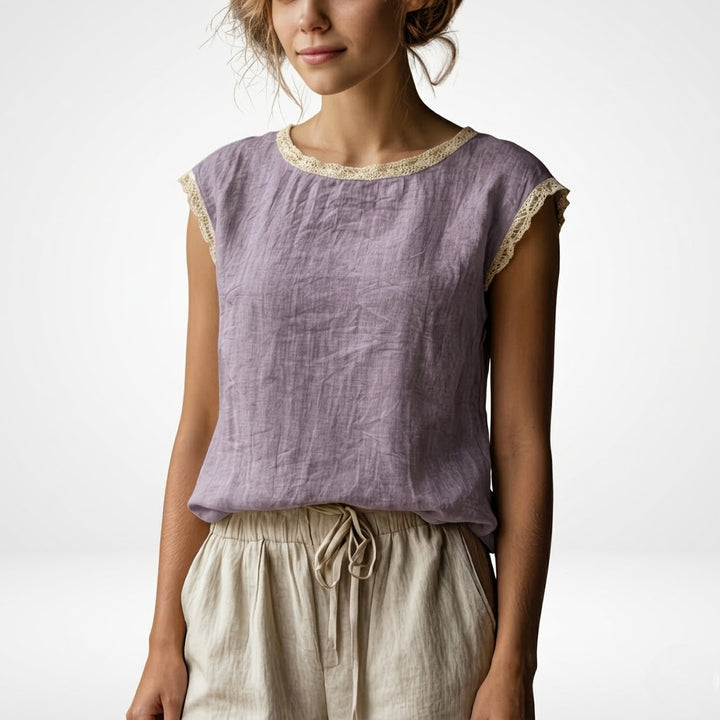 Vintage Linen Sleeveless Top with Delicate Lace