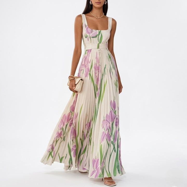Women’s Floral Chiffon Pleated Maxi Dress – Elegant Flow