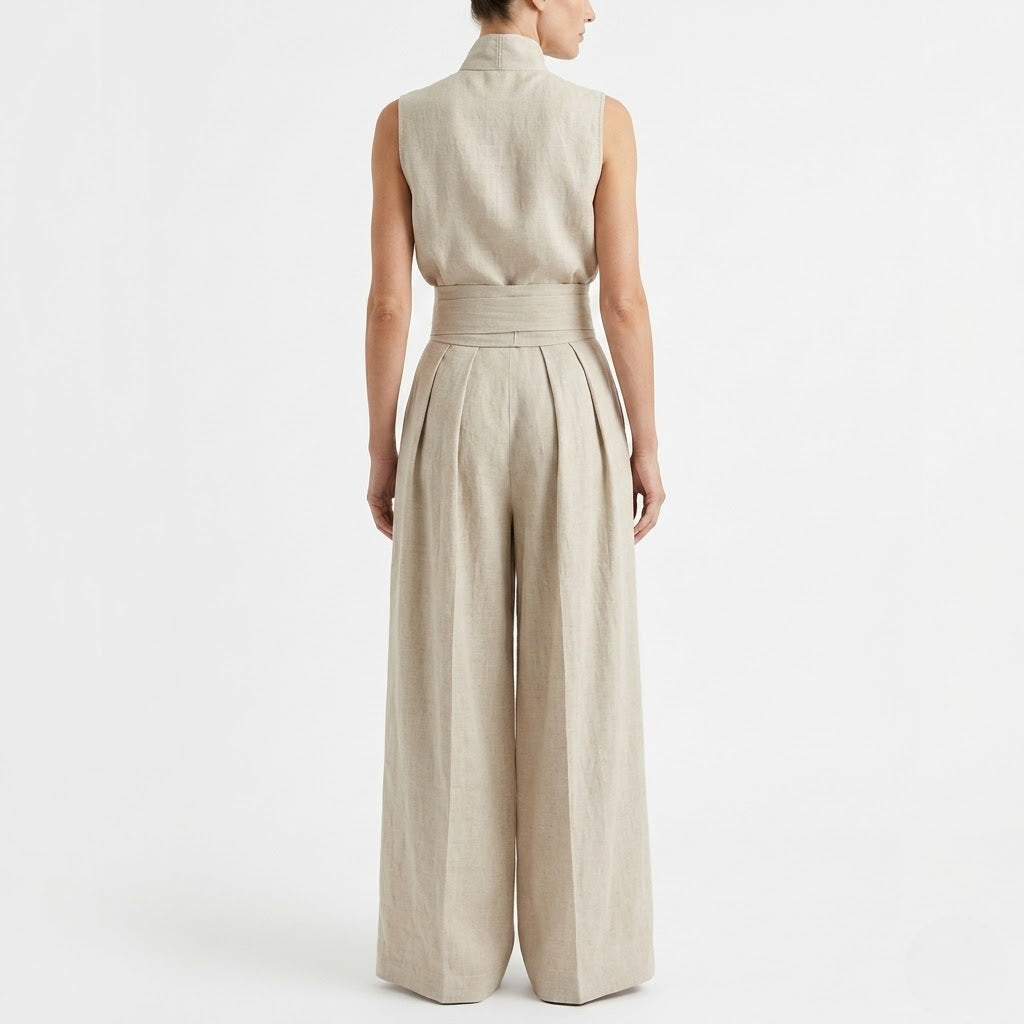 Women’s Minimalist Linen Sleeveless Blouse and Wide-Leg Set