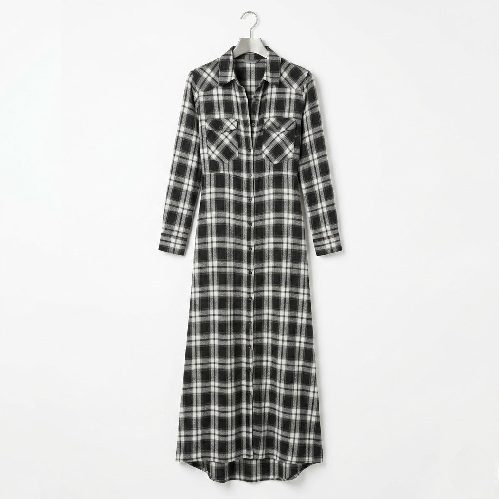 Women’s Plaid Lapel Maxi Shirt Dress