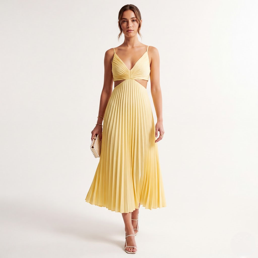 Women’s Flowy Pleated Midi Dress Elegant Evening Wear