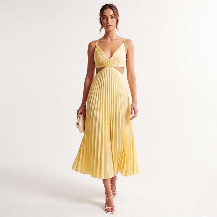 Women’s Flowy Pleated Midi Dress Elegant Evening Wear