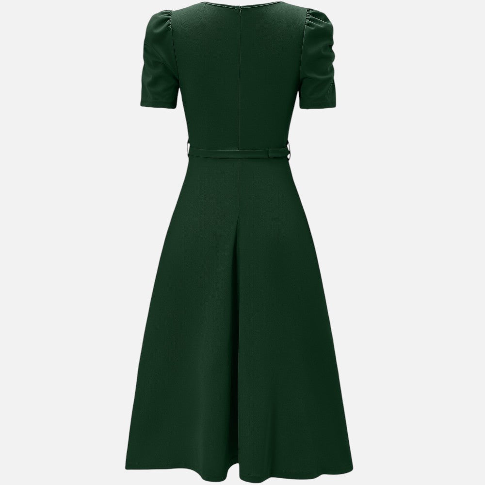Women’s V-Neck Ruffle Midi Dress with Waist Belt