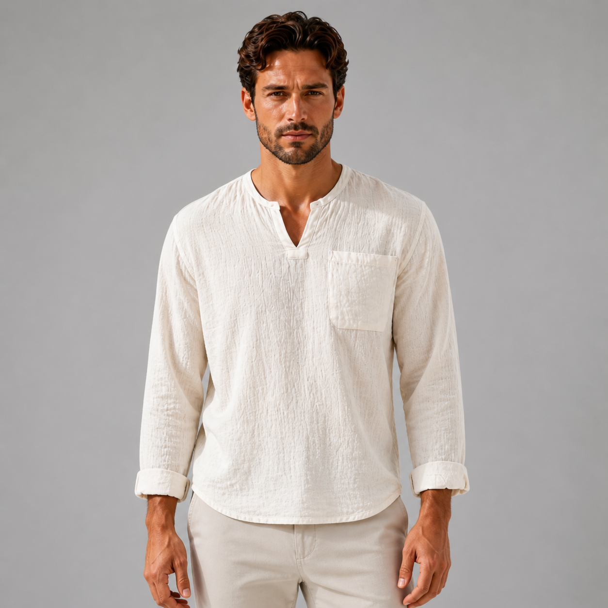 Men’s Linen V‑Neck Shirt – Riviera Heritage