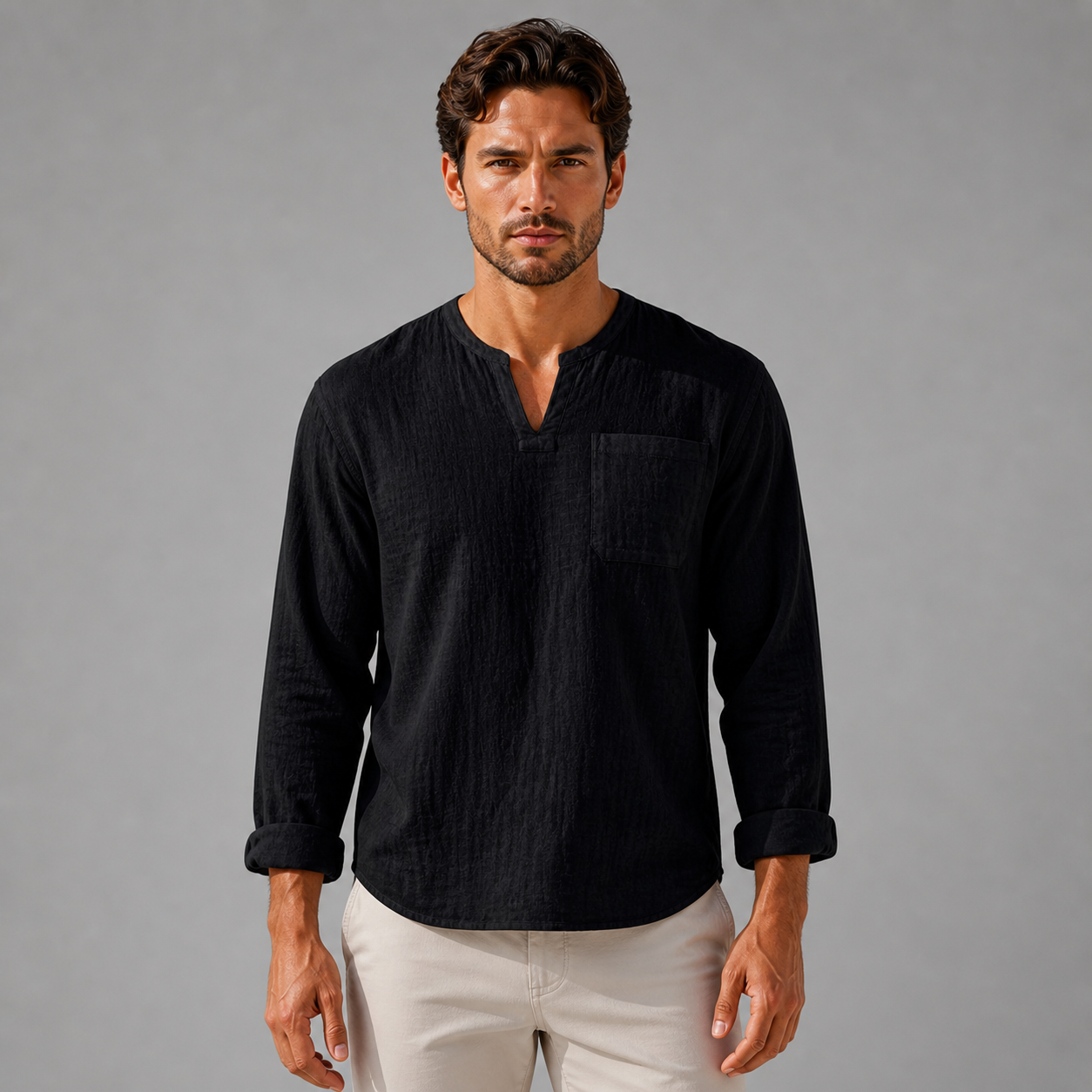 Men’s Linen V‑Neck Shirt – Riviera Heritage