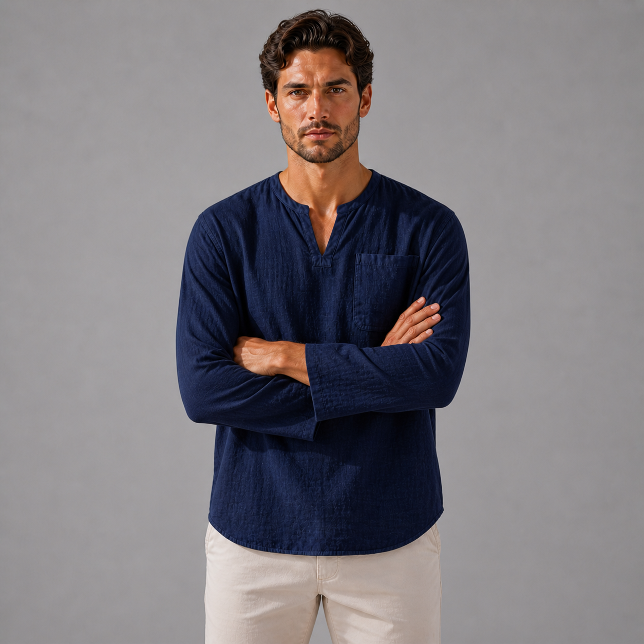 Men’s Linen V‑Neck Shirt – Riviera Heritage