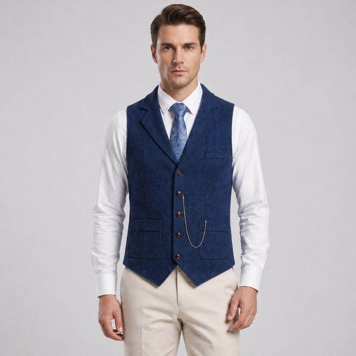 Men’s All-Season Herringbone Vest Lapel Chain Detail Regular Fit