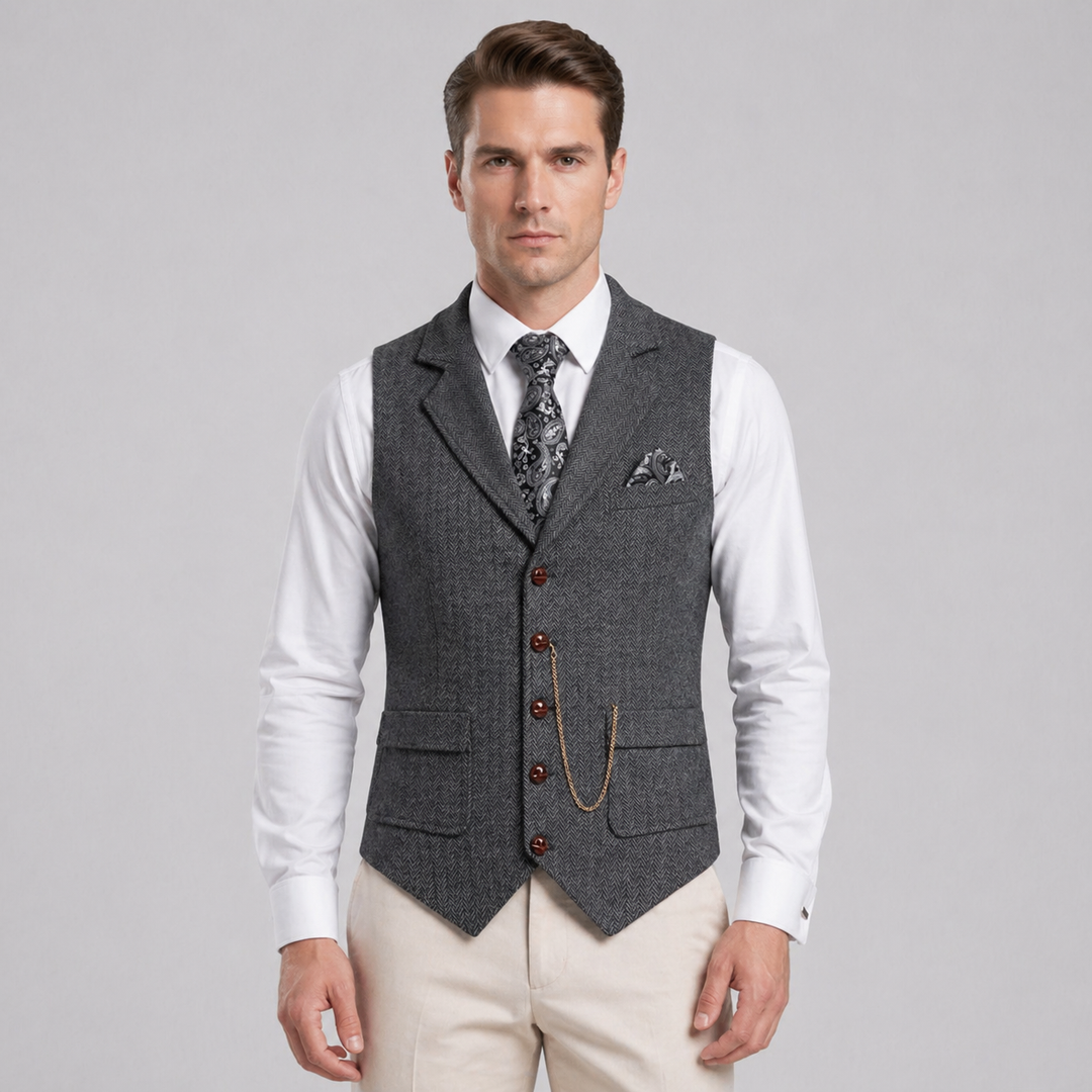 Men’s All-Season Herringbone Vest Lapel Chain Detail Regular Fit