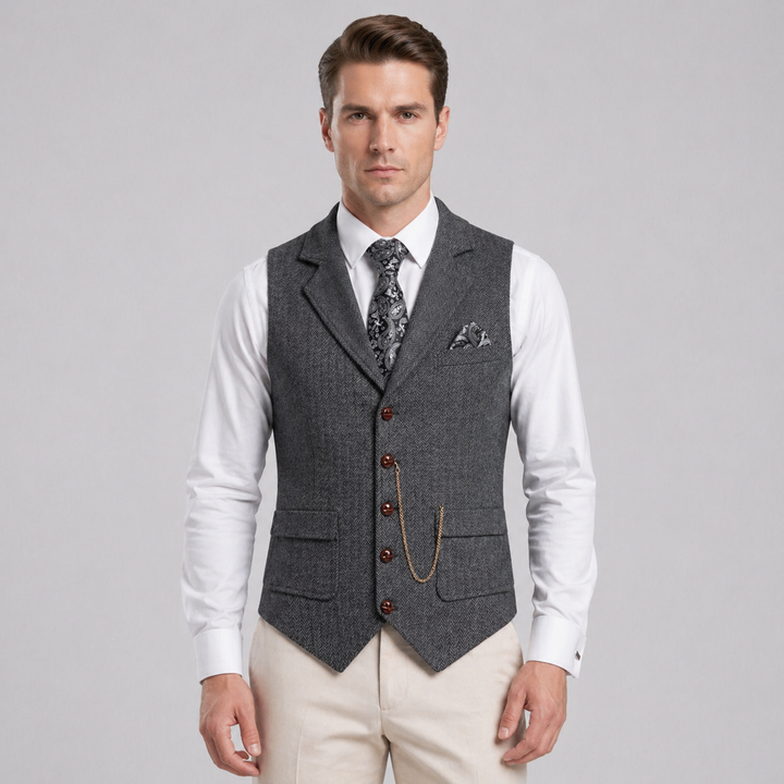 Men’s All-Season Herringbone Vest Lapel Chain Detail Regular Fit