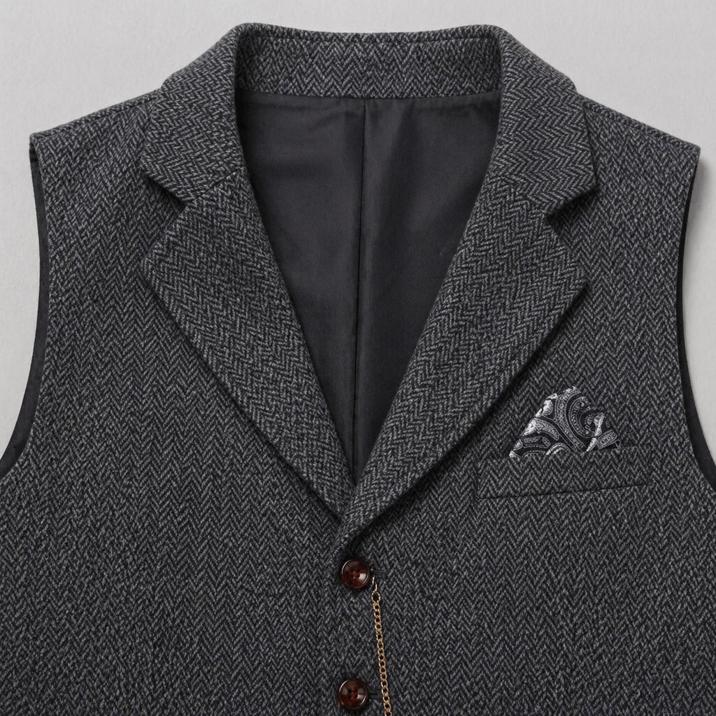 Men’s All-Season Herringbone Vest Lapel Chain Detail Regular Fit