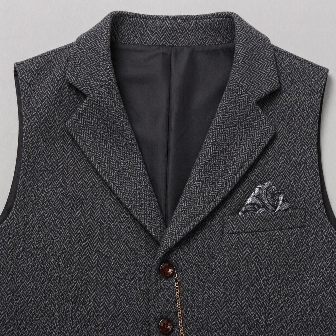 Men’s All-Season Herringbone Vest Lapel Chain Detail Regular Fit