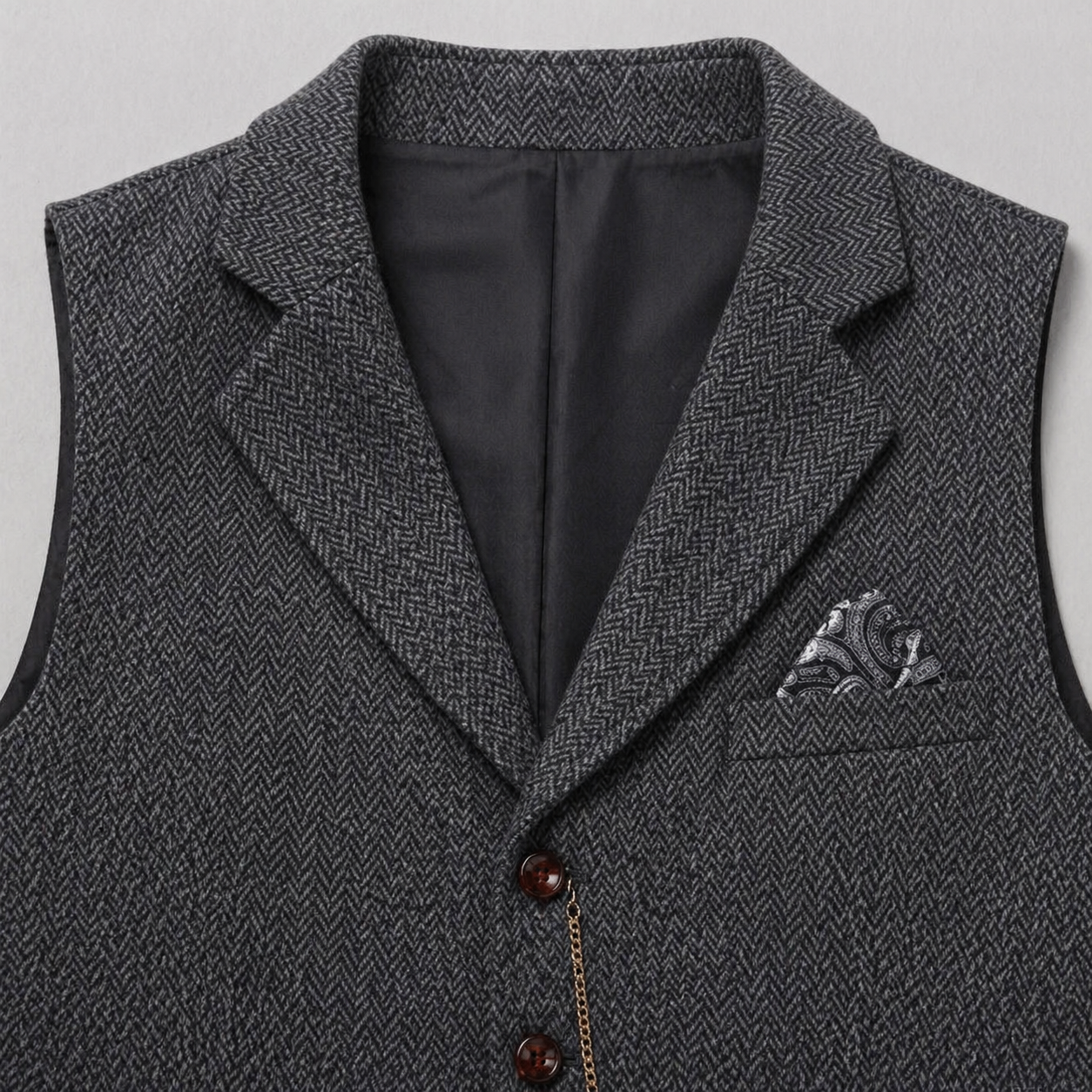 Men’s All-Season Herringbone Vest Lapel Chain Detail Regular Fit