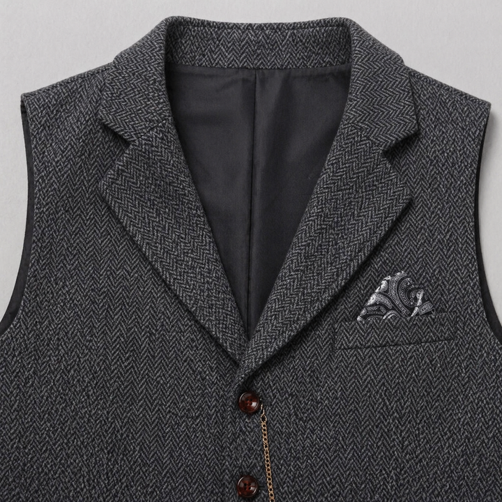 Men’s All-Season Herringbone Vest Lapel Chain Detail Regular Fit