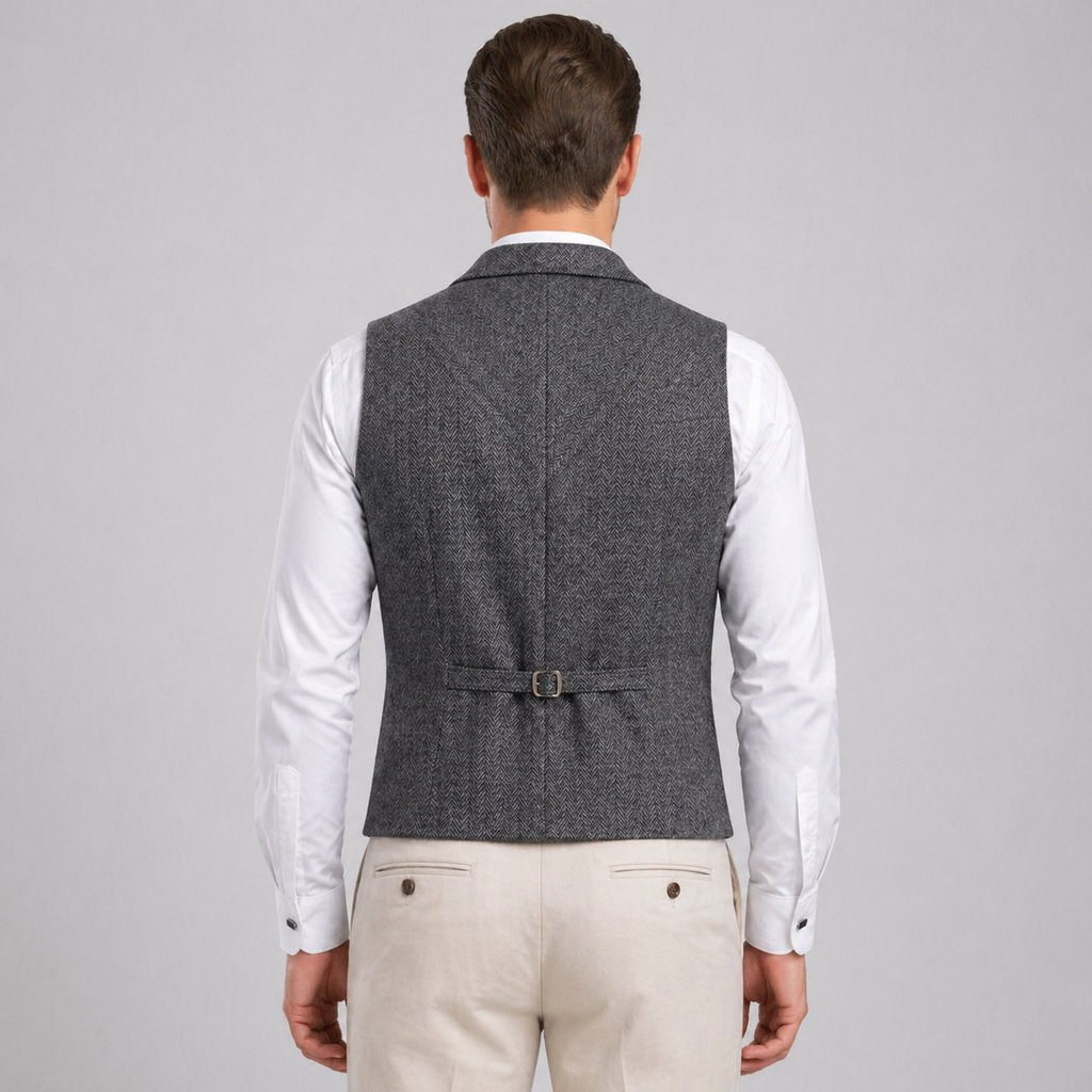 Men’s All-Season Herringbone Vest Lapel Chain Detail Regular Fit