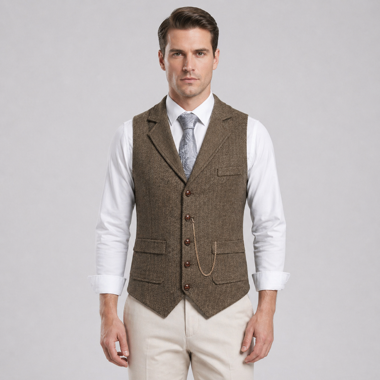Men’s All-Season Herringbone Vest Lapel Chain Detail Regular Fit