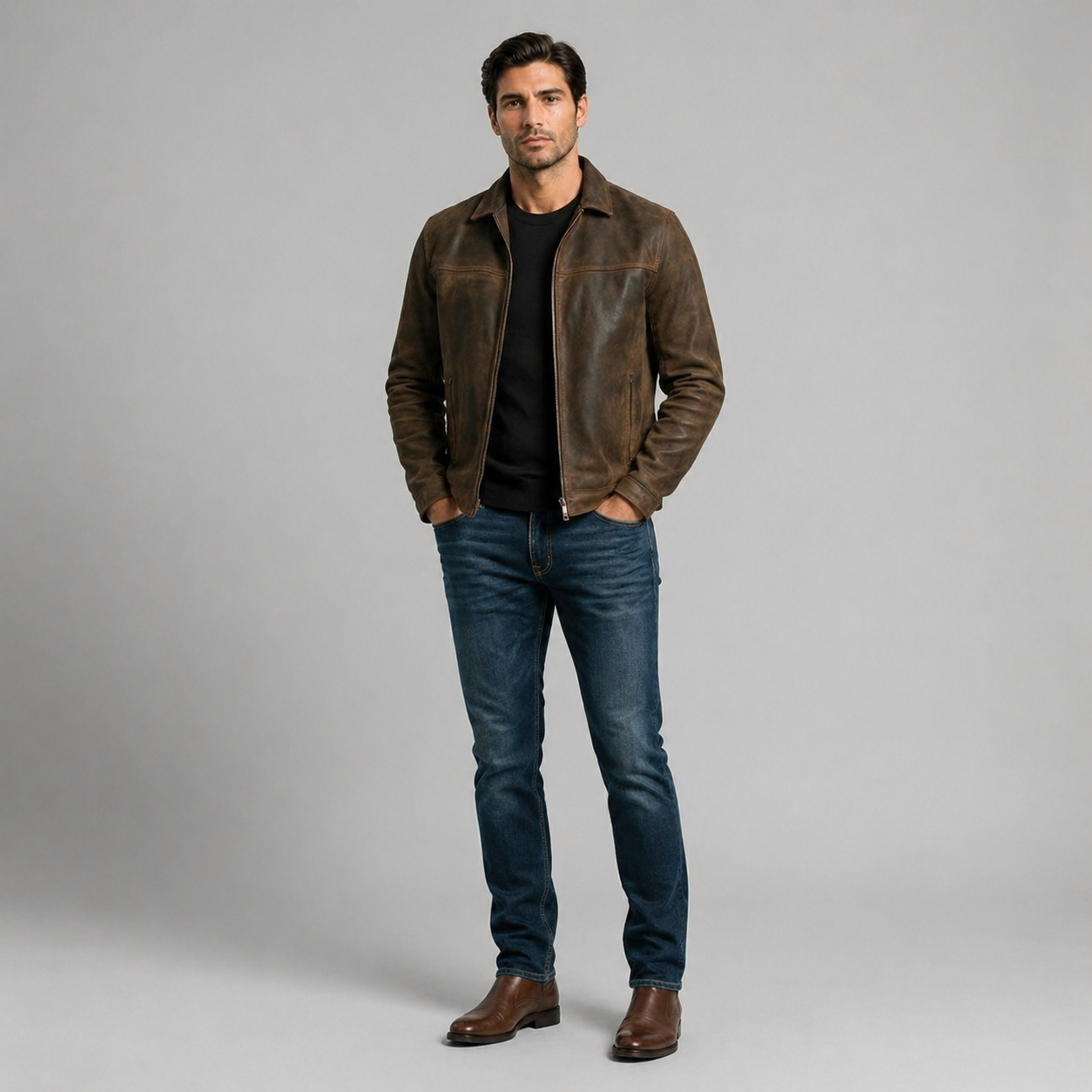 Men’s Premium Leather Jacket Zip Front Classic Casual Wear