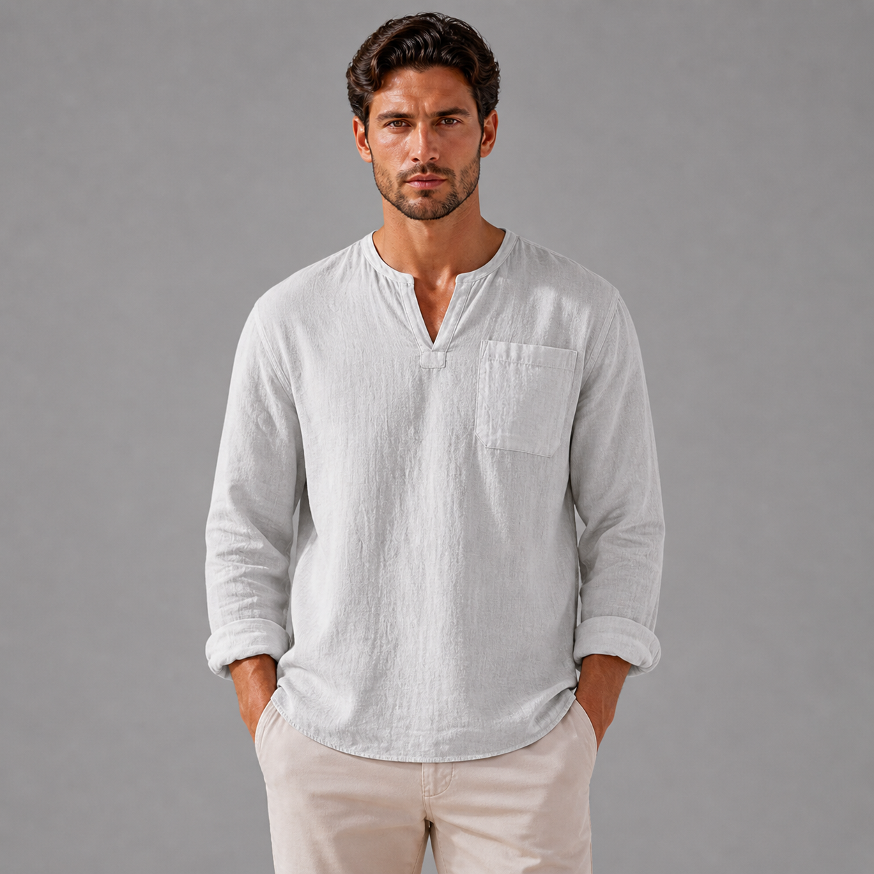 Men’s Linen V‑Neck Shirt – Riviera Heritage