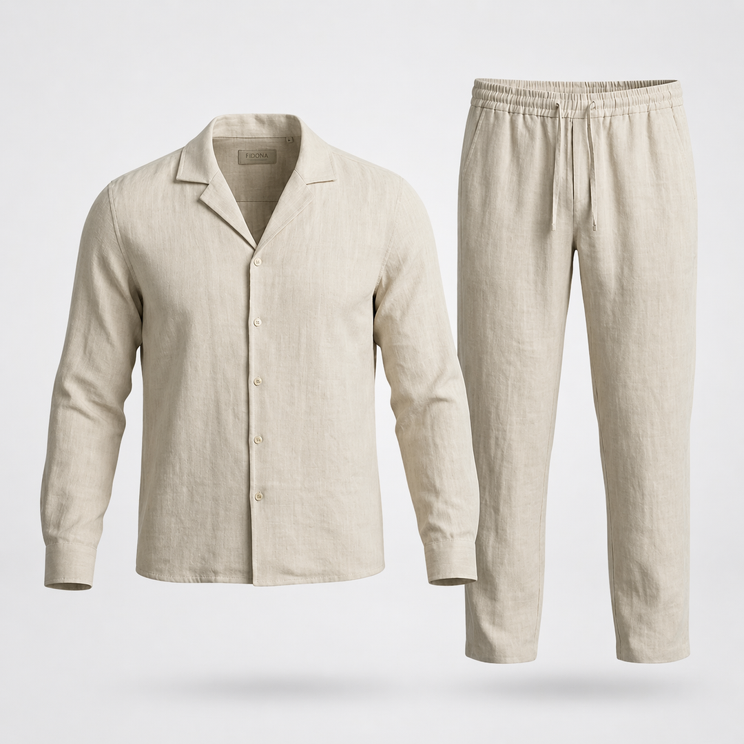Men’s Linen Set Summer Outfit Lightweight Shirt and Pants Combo