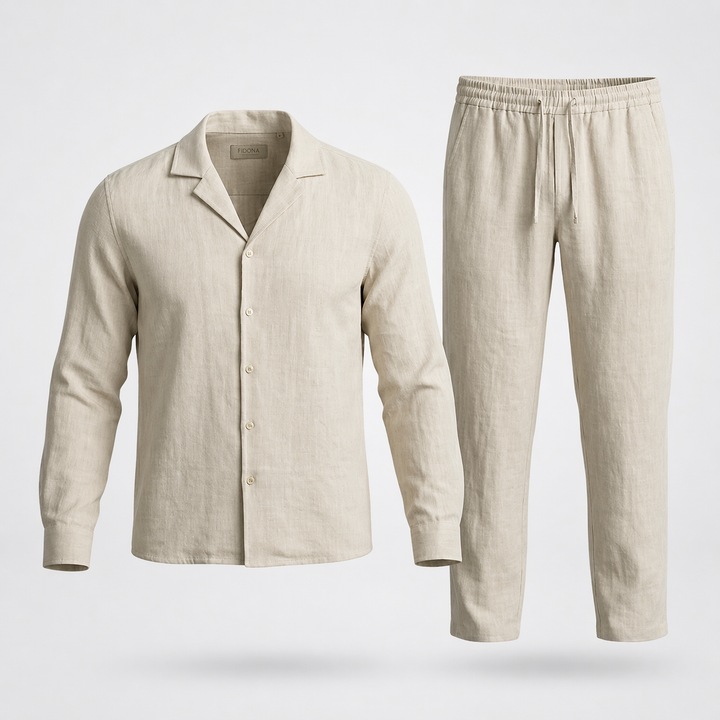 Men’s Linen Set Summer Outfit Lightweight Shirt and Pants Combo