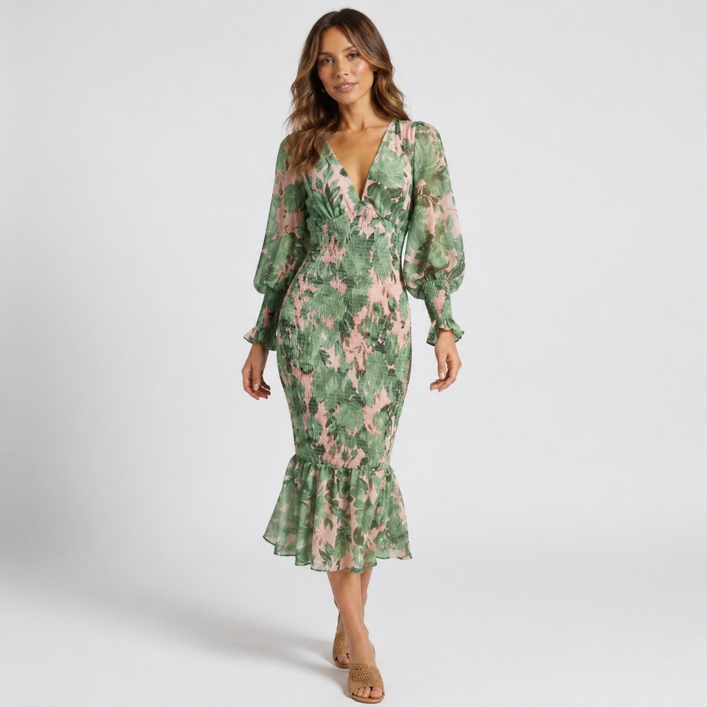 Women’s Long Sleeve Floral Midi Dress V-Neck Waist Slim Fit