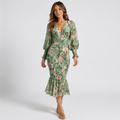 Women’s Long Sleeve Floral Midi Dress V-Neck Waist Slim Fit