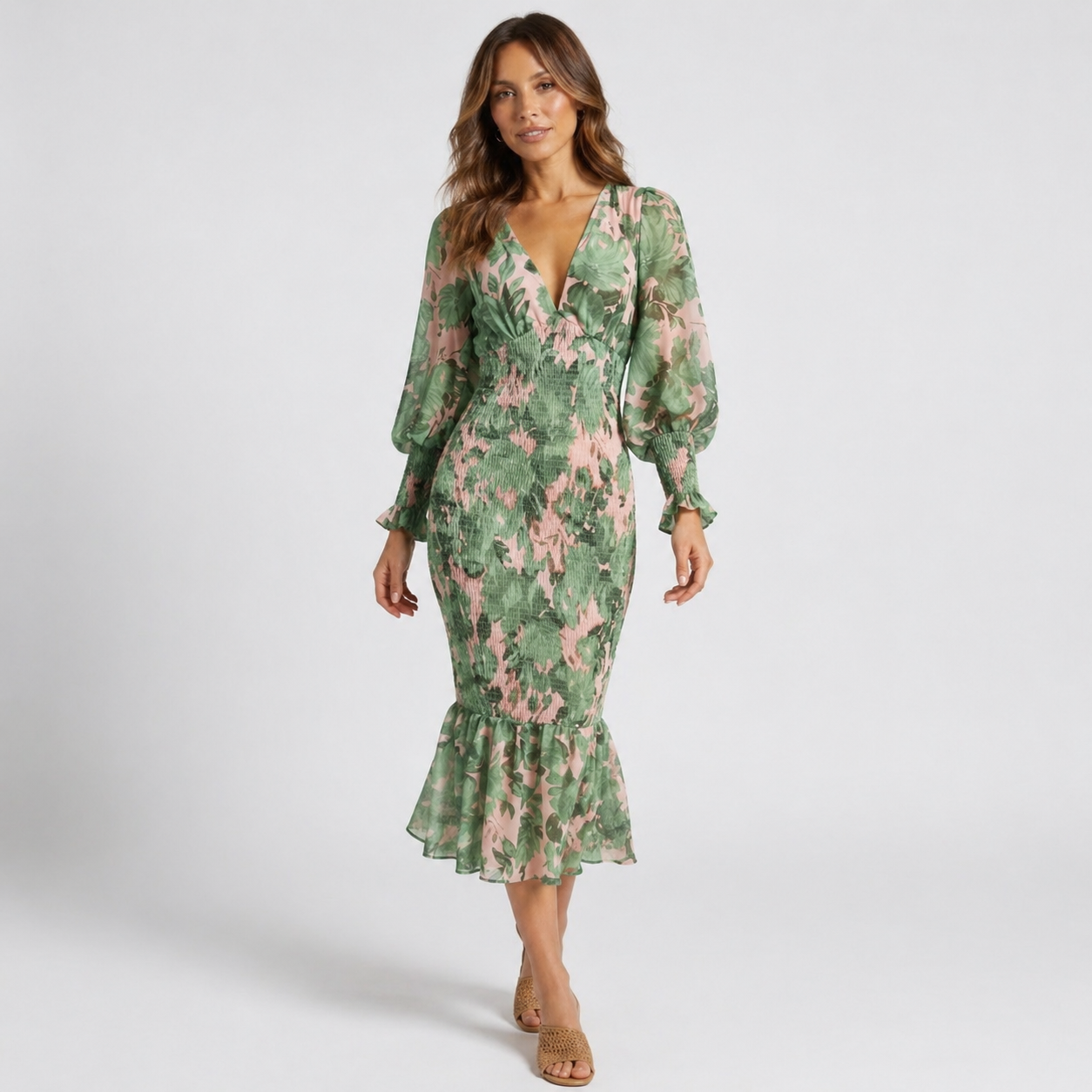 Women’s Long Sleeve Floral Midi Dress V-Neck Waist Slim Fit