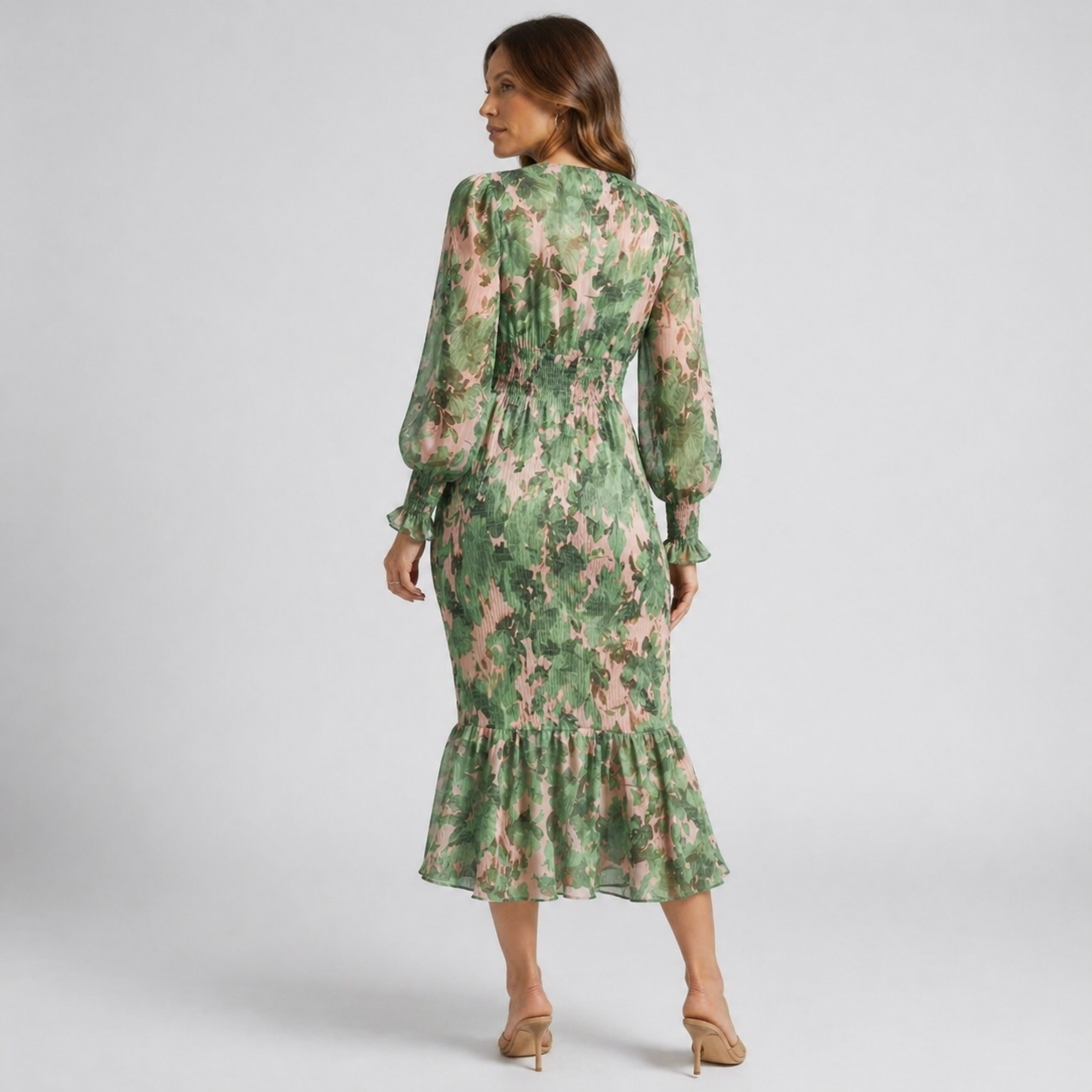Women’s Long Sleeve Floral Midi Dress V-Neck Waist Slim Fit