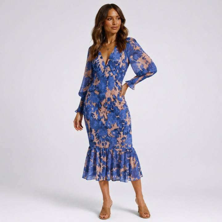 Women’s Long Sleeve Floral Midi Dress V-Neck Waist Slim Fit