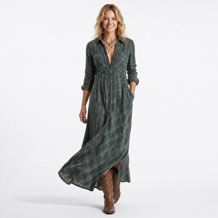 Women’s Plaid Lapel Maxi Shirt Dress