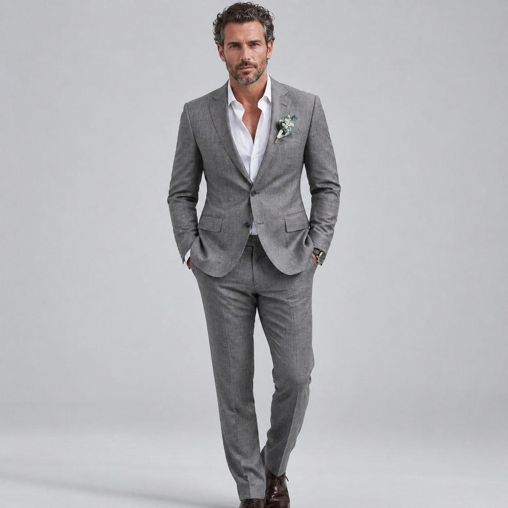Men’s Cotton Linen Suit Slim Fit Business Casual Summer Outfit