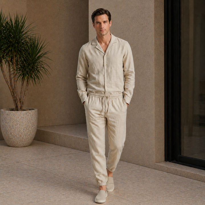 Men’s Linen Set Summer Outfit Lightweight Shirt and Pants Combo
