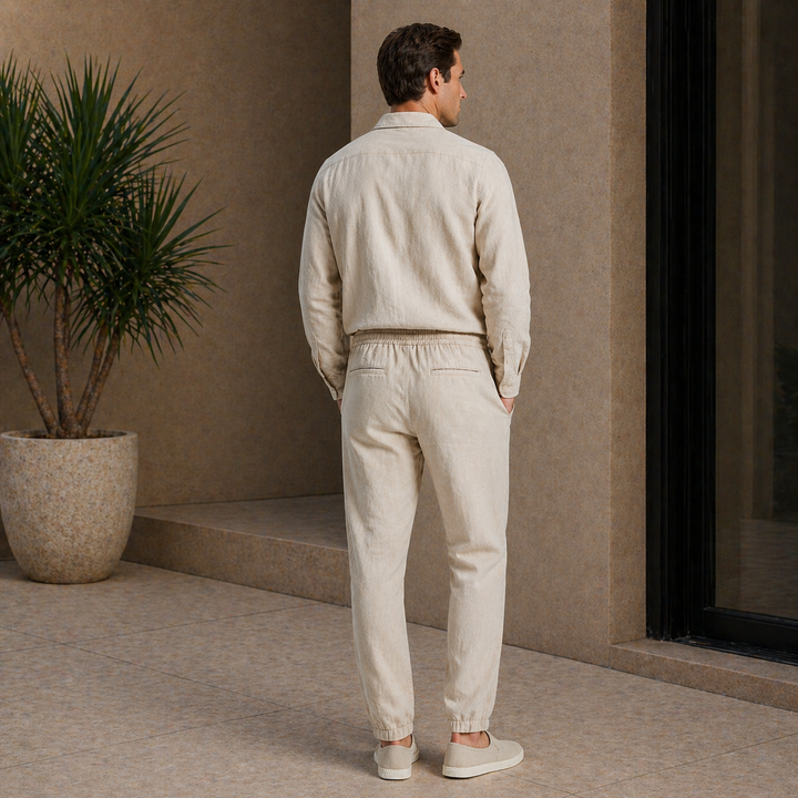 Men’s Linen Set Summer Outfit Lightweight Shirt and Pants Combo